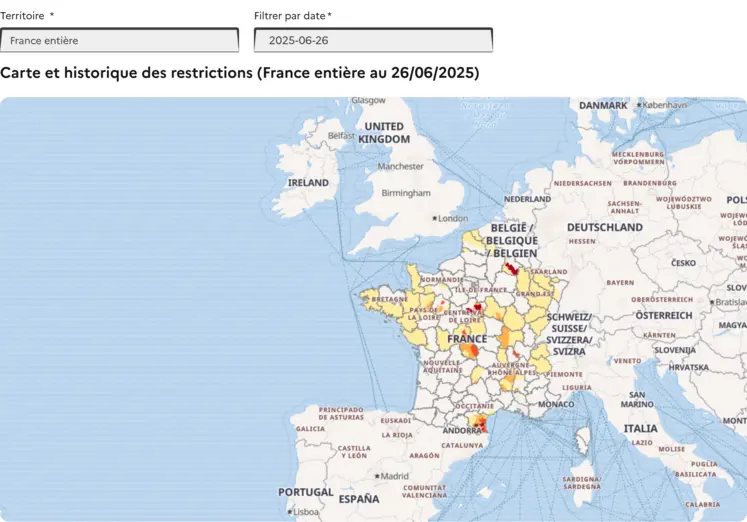 Carte de la situation pour l'eau potable au 26 juin 2025