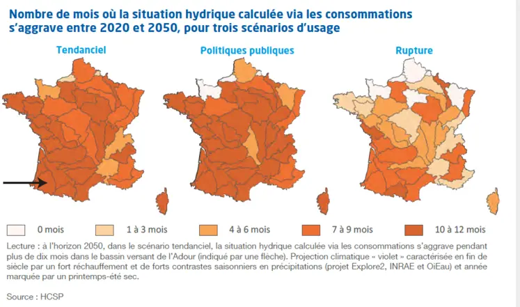 nombres de mois où la situation hydrique s'aggrave selon les trois scénarios