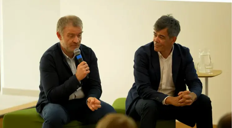 De gauche à droite : Jean-Pierre Cohan, directeur recherche et développement d’Arvalis, et Sami Bouarfa, chef de département adjoint au département Aqua de l’Inrae.