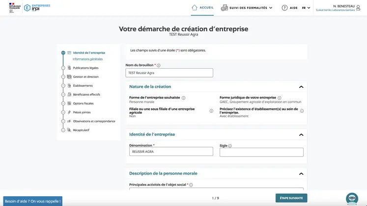 Première page de la formalité de création d'entreprise au Guichet unique