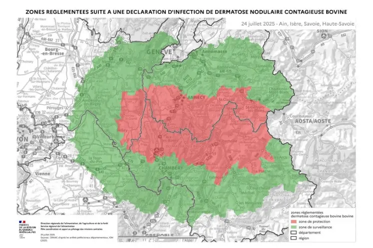 Carte des zones réglementées pour la dermatose nodulaire contagieuse bovine au 24 juillet 2025