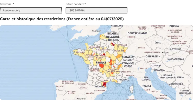 Carte des restrictions d'eau au 4 juillet 2024
