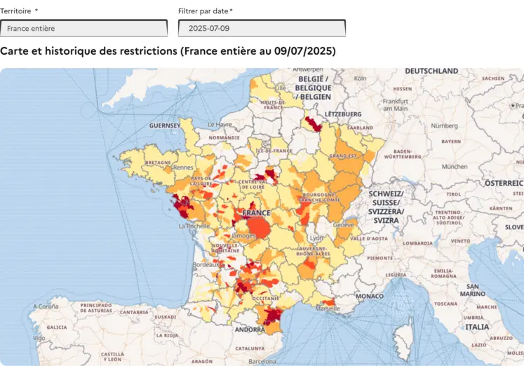 Carte de la situation de la sécheresse en France