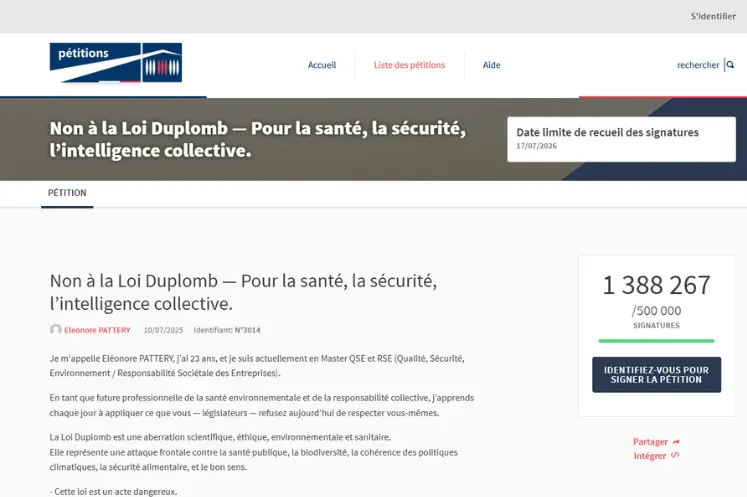 Capture d'écran de la pétition contre la proposition de loi Duplomb sur site de l'Assemblée nationale.