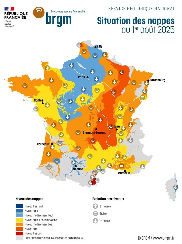 Carte des nappes phréatiques au 1er août 2025.