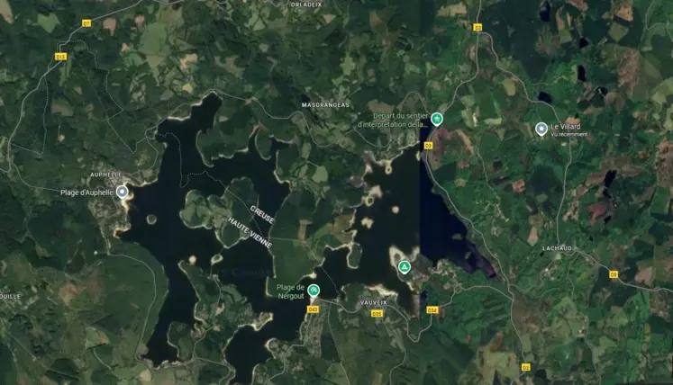 Vue par satellite de la zone entourant le lac de Vassivière dans la Creuse