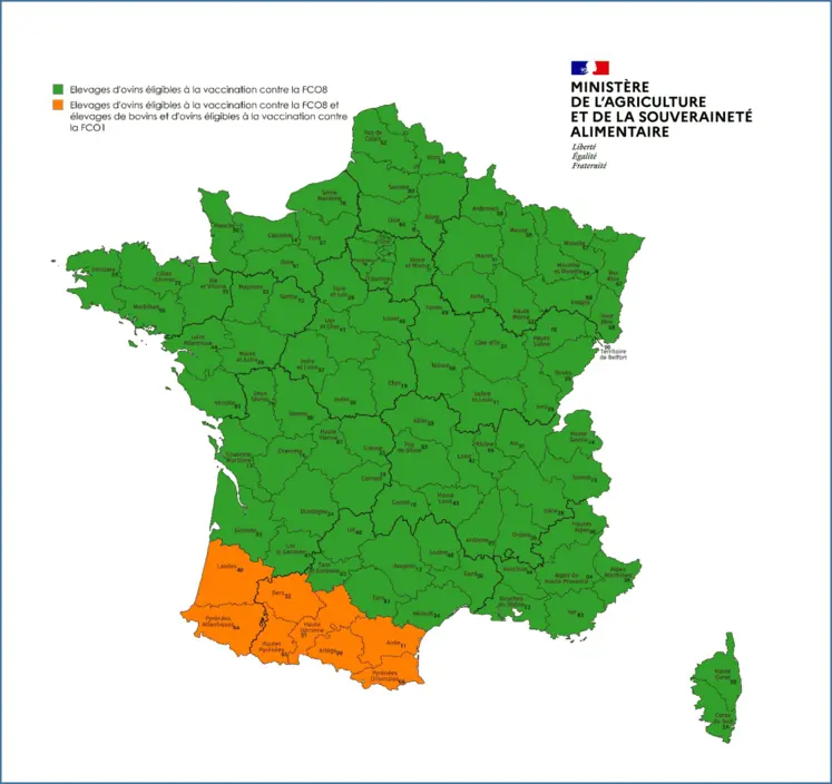 Carte de France de l'accès aux vaccins contre la FCO 1 et la FCO 8 par département, en fonction de la localisation de l'élevage et de son type de production