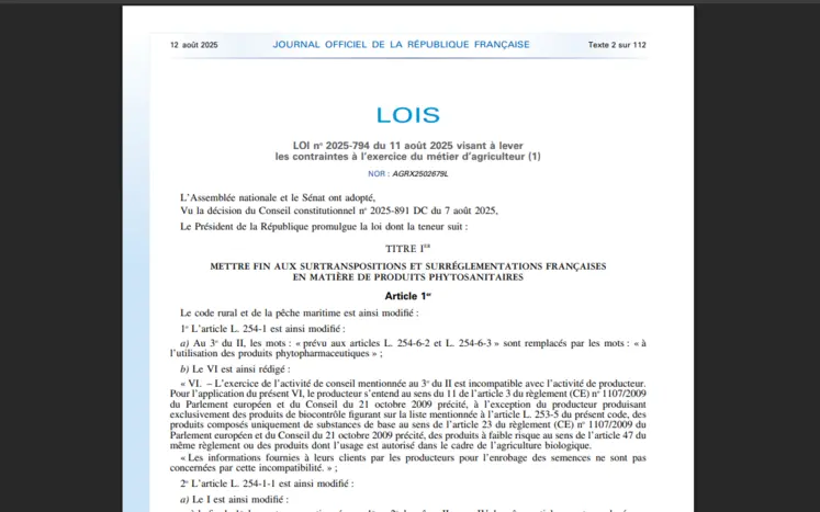 extrait du journal officiel du 12 juillet promulgant la loi Duplomb