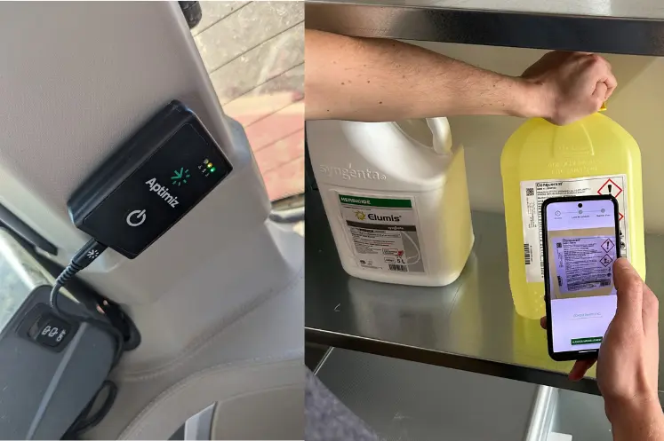 Deux photos de la solution proposée par l'entreprise Aptimiz, à gauche un capteur installé dans une machine, et à droite un smartphone scannant un bidon de produit phytosanitaire.