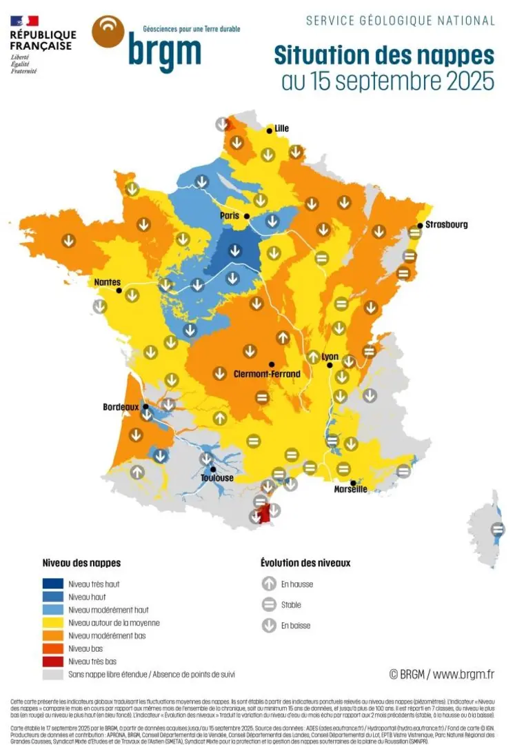 Carte de France hexagonale de la situation des nappes d'eau souterraine au 15 septembre 2025.