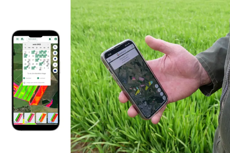 Téléphone avec l'application Geofolia de l'entreprise Isagri. 