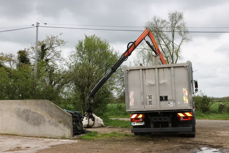 Ramassage d’un cadavre de vache dans un coin de ferme par le camion d’équarrissage