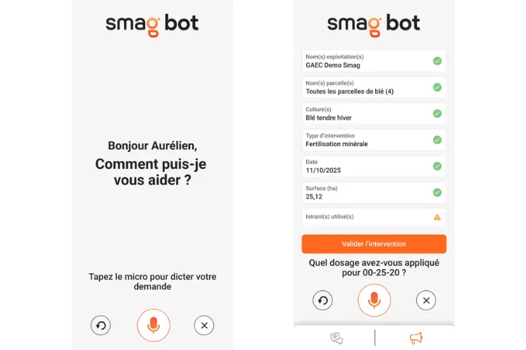 Captures d'écran de l'interface de l'assistant vocal sur l'application de Smag.