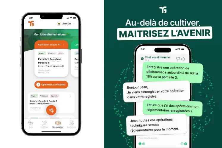 Téléphones avec l'application et l'agent conversationnel de la start-up TerraGrow.