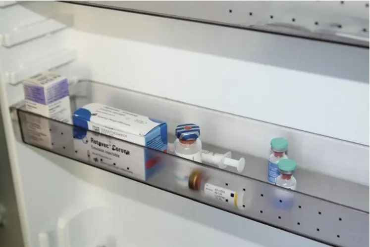 Vaccins pour utilisation en élevage dans la porte d'un réfrigérateur.
