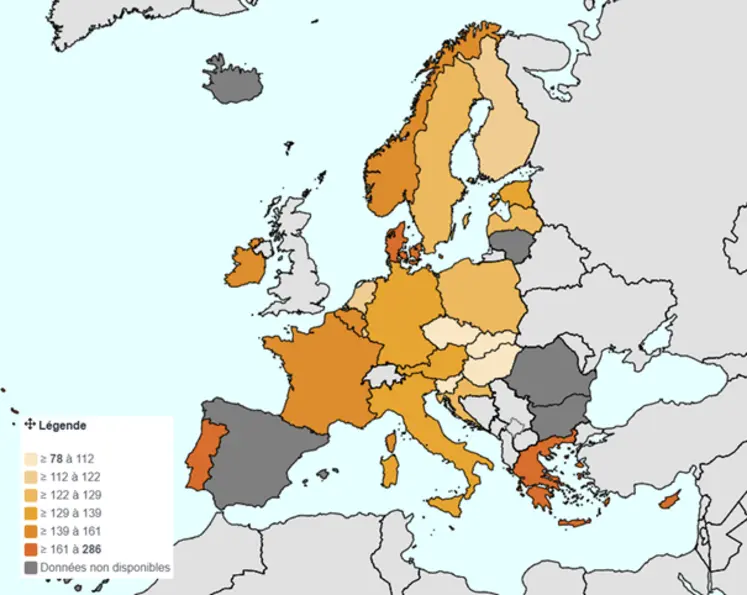 Carte de l’Union européenne de la production des déchets alimentaires en 2023.