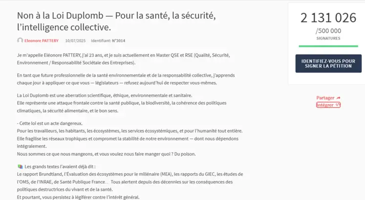Capture d’écran de la page de l’Assemblée nationale hébergeant la pétition contre la loi Duplomb.