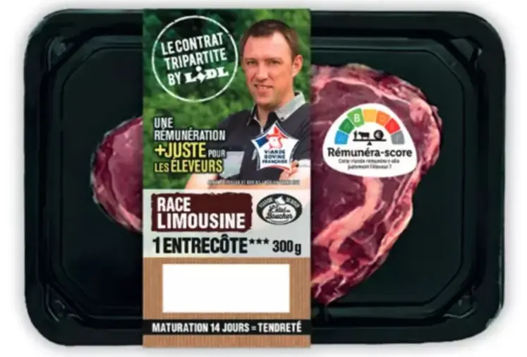 étiquette sur une barquette de viande avec photo éleveur et rémunérascore