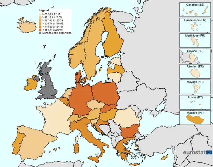 Carte de l'Union européenne représentant le revenu agricole selon l'index par unité de travail annuel. 