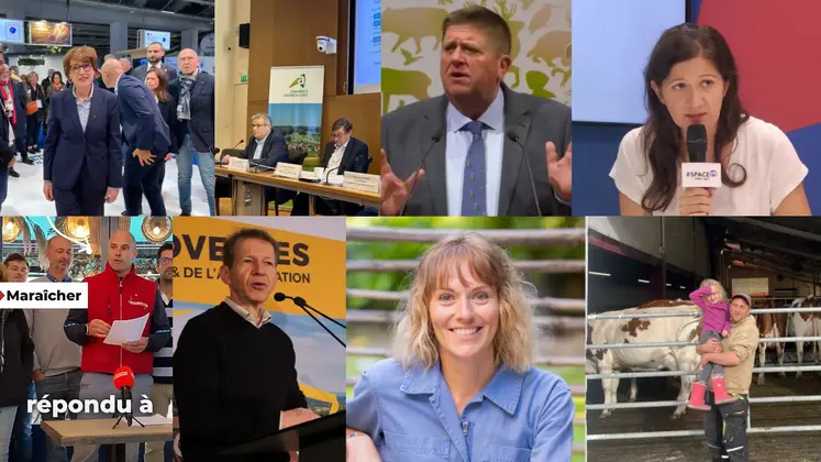 Montage photos avec (de gauche à droite et de haut en bas) Annie Genevard, Sébastien Winsdor, Willy Schraen, Kristel Gache, Benjamin d'un collectif d'agriculteurs, Jean-Marc Jancovici, Marine Colli et Nicolas Prud'homme