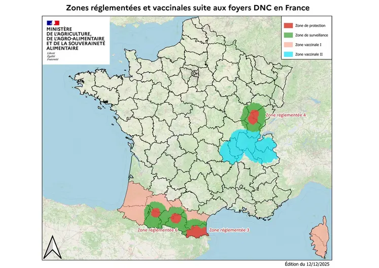 Carte des zones réglementées et vaccinales liées à la dermatose nodulaire contagieuse bovine (DNC) en France au 13 décembre 2025.
