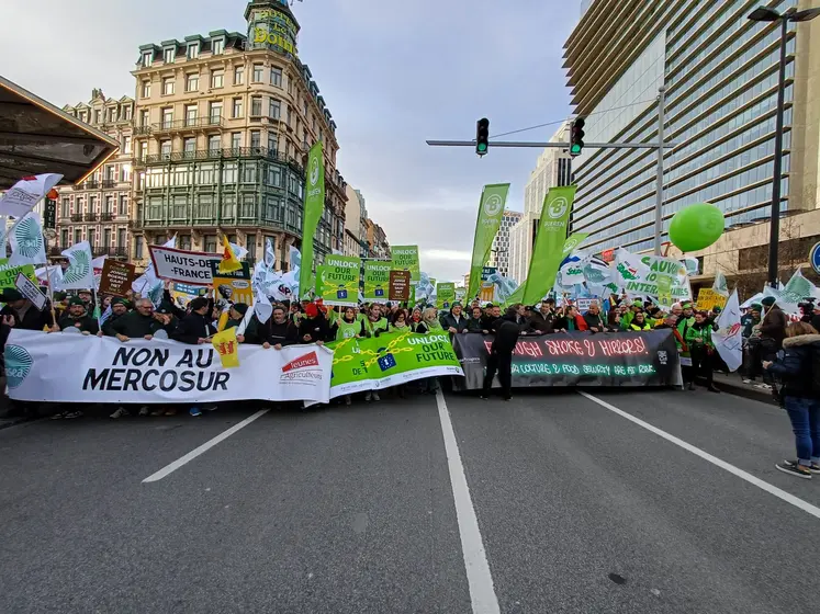 Des agriculteurs manifestant avec des banderoles contre l'accord UE-Mercosur dans les rues de Bruxelles