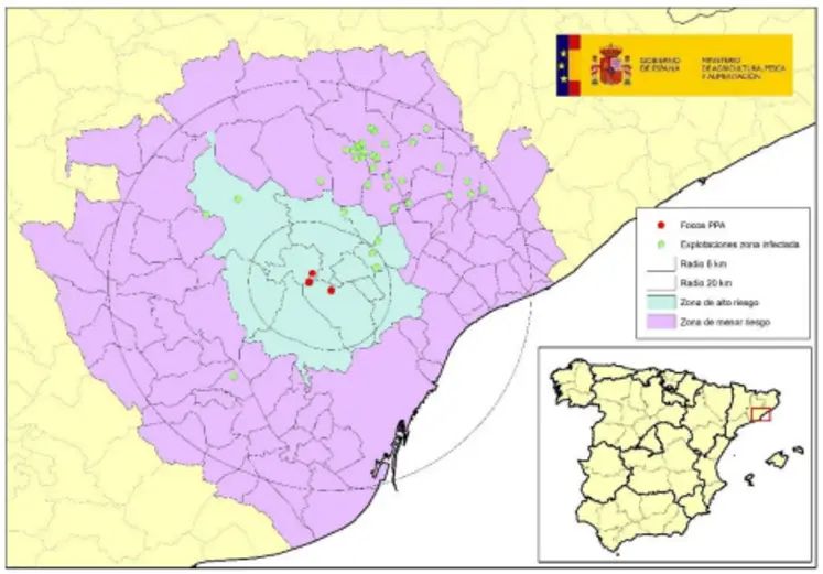 Carte de la zone infectée de 20 km pour la peste porcine africaine en Espagne dans la province de Barcelone, délimitée après la détection de deux cas le 28 novembre puis de sept nouveaux cas le 2 décembre.