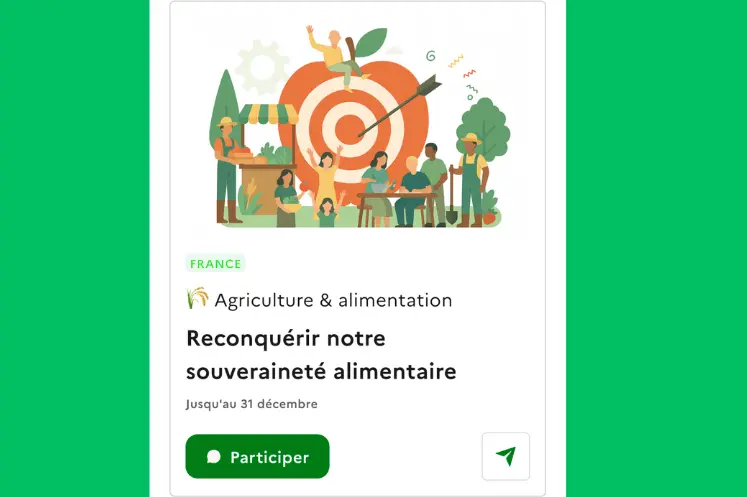 Capture d'écran de la plateforme Agora qui propose une consultation sur la souveraineté alimentaire.