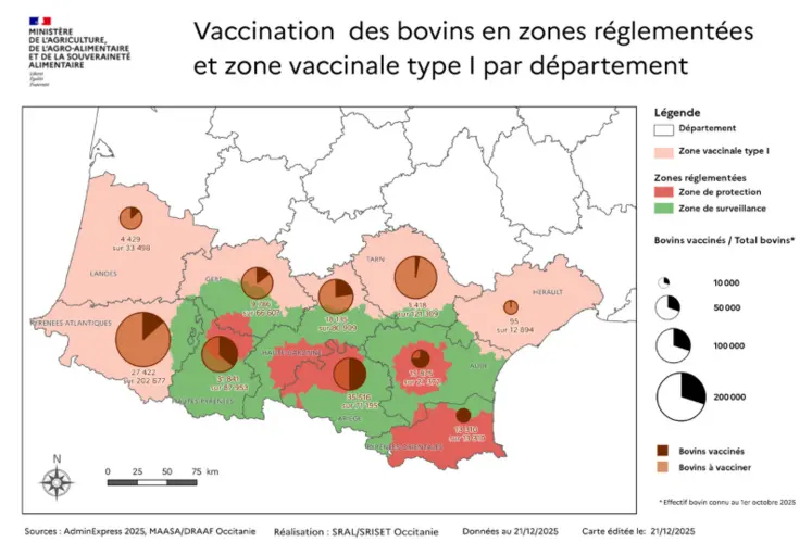Carte de l'avancée de la vaccination dans les départements du Sud-Ouest en date du 21 décembre.