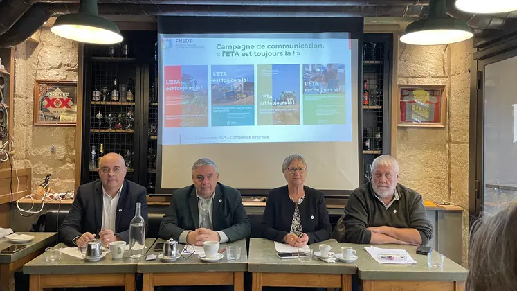 Frédéric Jan, vice-président délégué, Philippe Largeau, président de la FNEDT, Martine Perin, secrétaire général, et Eric Retailleau, président de l’équipe d’organisation de l’EDT Poitou lors d'une conférence de presse à Paris. 