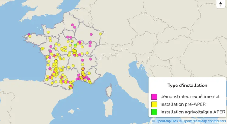 Carte des premiers sites agrivoltaïques en France