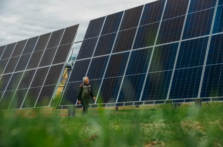 ombrières photovoltaïques dans un champ avec un  homme au premier plan