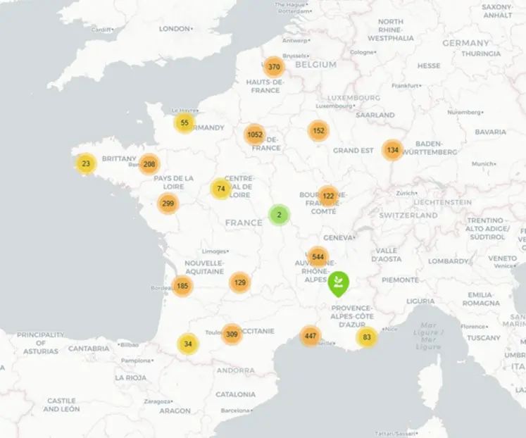 Carte des projets d'agriculture urbaine installés en France métropolitaine