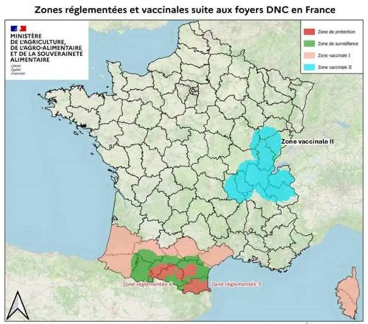 Carte de France avec les zones de surveillance et les zones vaccinales pour la DNC au 18 janvier 2026