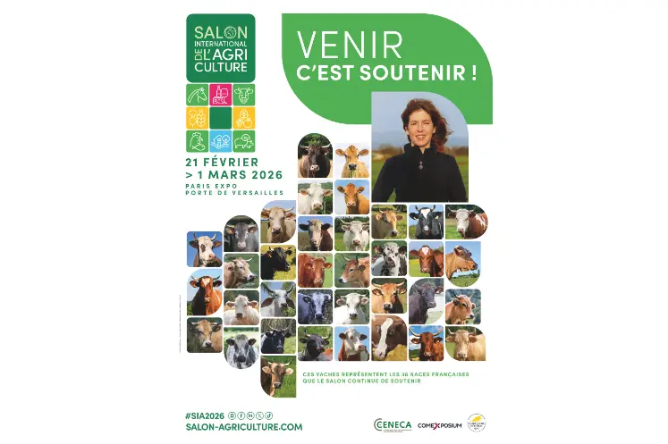 La nouvelle affiche du SIA 2026 avec l'ensemble des races bovines absentes du salon, et une photo d'une éleveuse. 