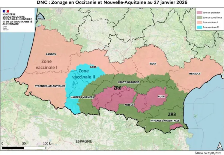 Carte de la zone réglementée 6 pour la DNC et de la zone vaccinale II