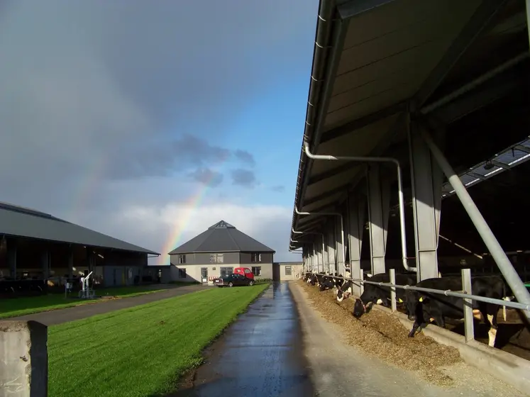 bâtiments d'élevage bordés par un ruisseau et une platebande d'herbe