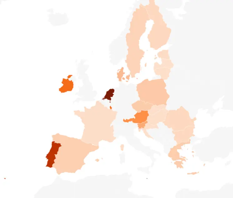 Carte du prix d'achat d'un hectare de terres agricoles ou prairies permanentes dans l'Union européenne en euros par ha.