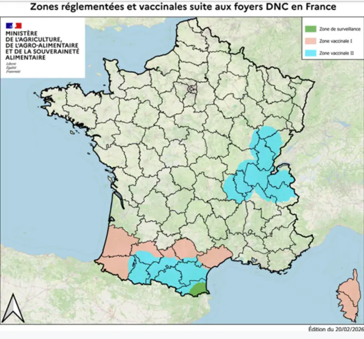 Carte des zones réglementées et vaccinales en lien avec la DNC au 20 février 2026.