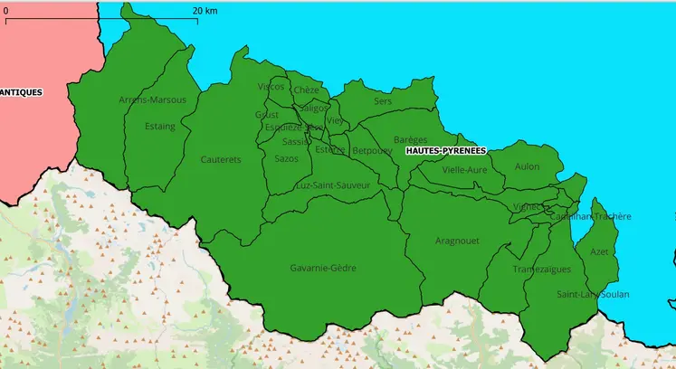 Carte de la zone réglementée pour la DNC dans les Hautes-Pyrénées