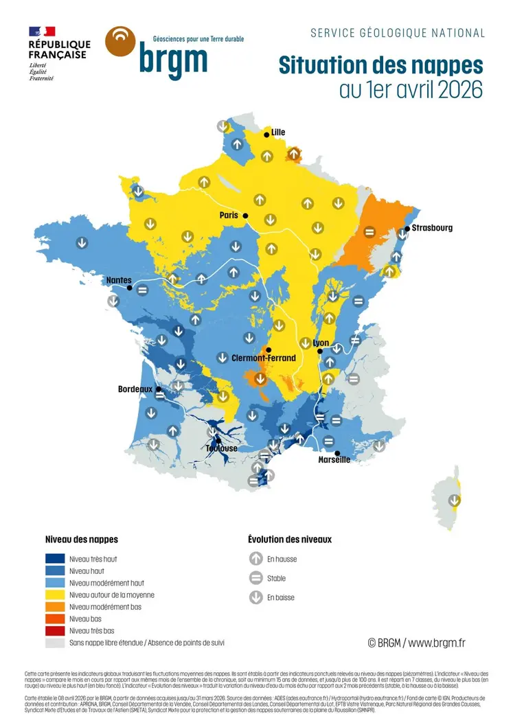 Carte de la situation des nappes phréatiques au 1er avril 2026 par la BRGM