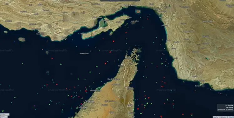 Photographie satellite du détroit d’Ormuz le 29 avril 2026, peu de navires en conséquence de la guerre au Moyen-Orient