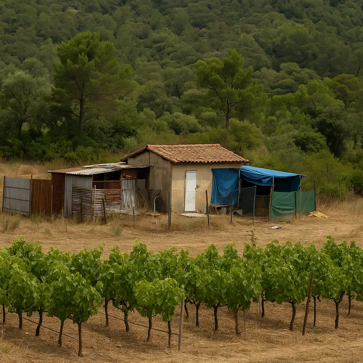 cabanes implantées sur un terrain avec des vignes au premier plan et des arbres en arrière plan