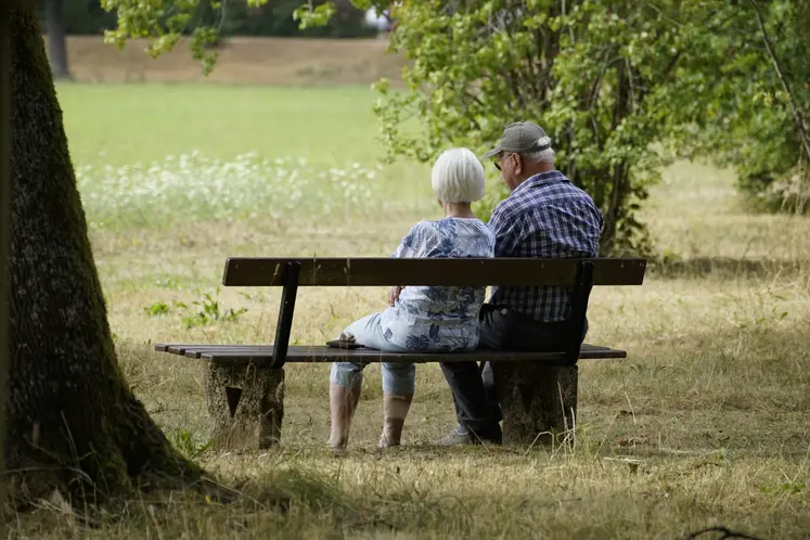 Couple de retraités de dos sur un banc 