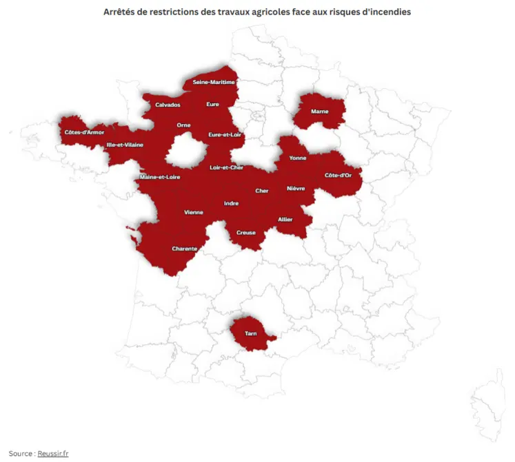Carte de France des arrêtés de restrictions des travaux agricoles face aux risques d'incendies. Les départements soumis à des restrictions sont en rouge. 