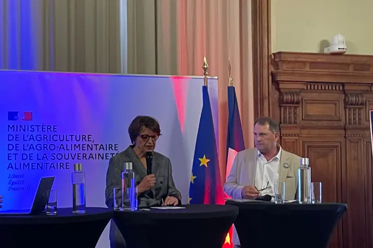 La ministre de l’Agriculture Annie Genevard et le président du Space Didier Lucas durant la conférence de presse ce 2 juin à Paris.