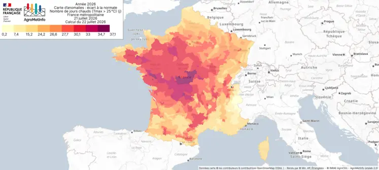 Carte de la France représentant l'écart à la normale du nombre de jours chauds (>25 °C) au 21 juillet 2026