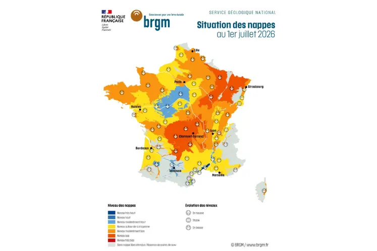 Carte de la situation des nappes phréatiques au 1 juillet 2026.