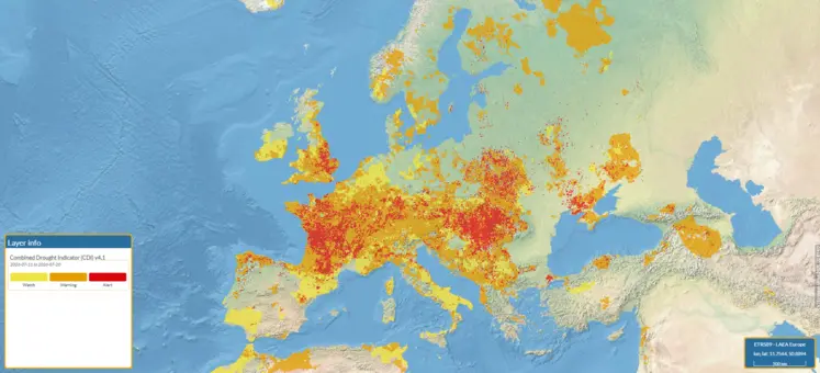 Carte de la sécheresse en Europe au mois de juillet 2026. 