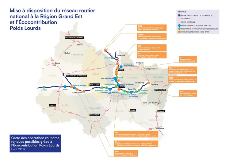 Carte des opérations routières prévues par les investissements suite à l'écocontribution poids lourds